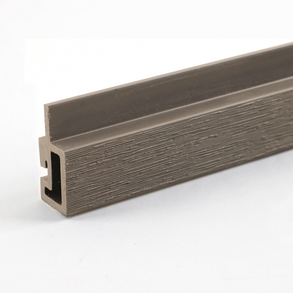 Taupe composite trim profile with wood grain texture and integrated mounting channel