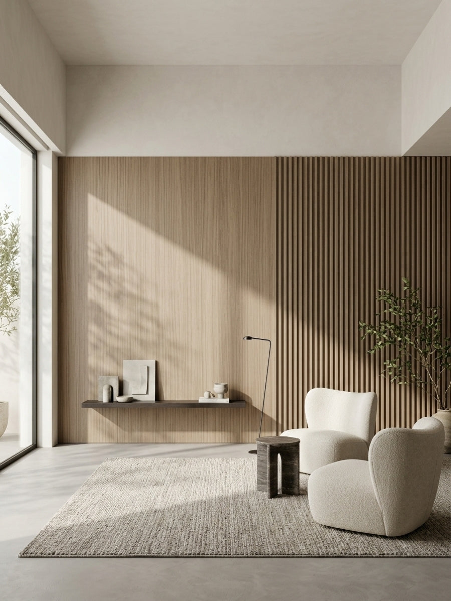 Ash wood veneer wall panels with vertical slatted texture installed in a bright modern living room