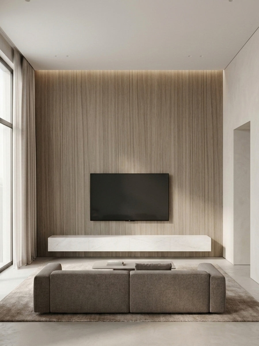 Vertical-grain ash wood veneer TV wall in a minimalist living room