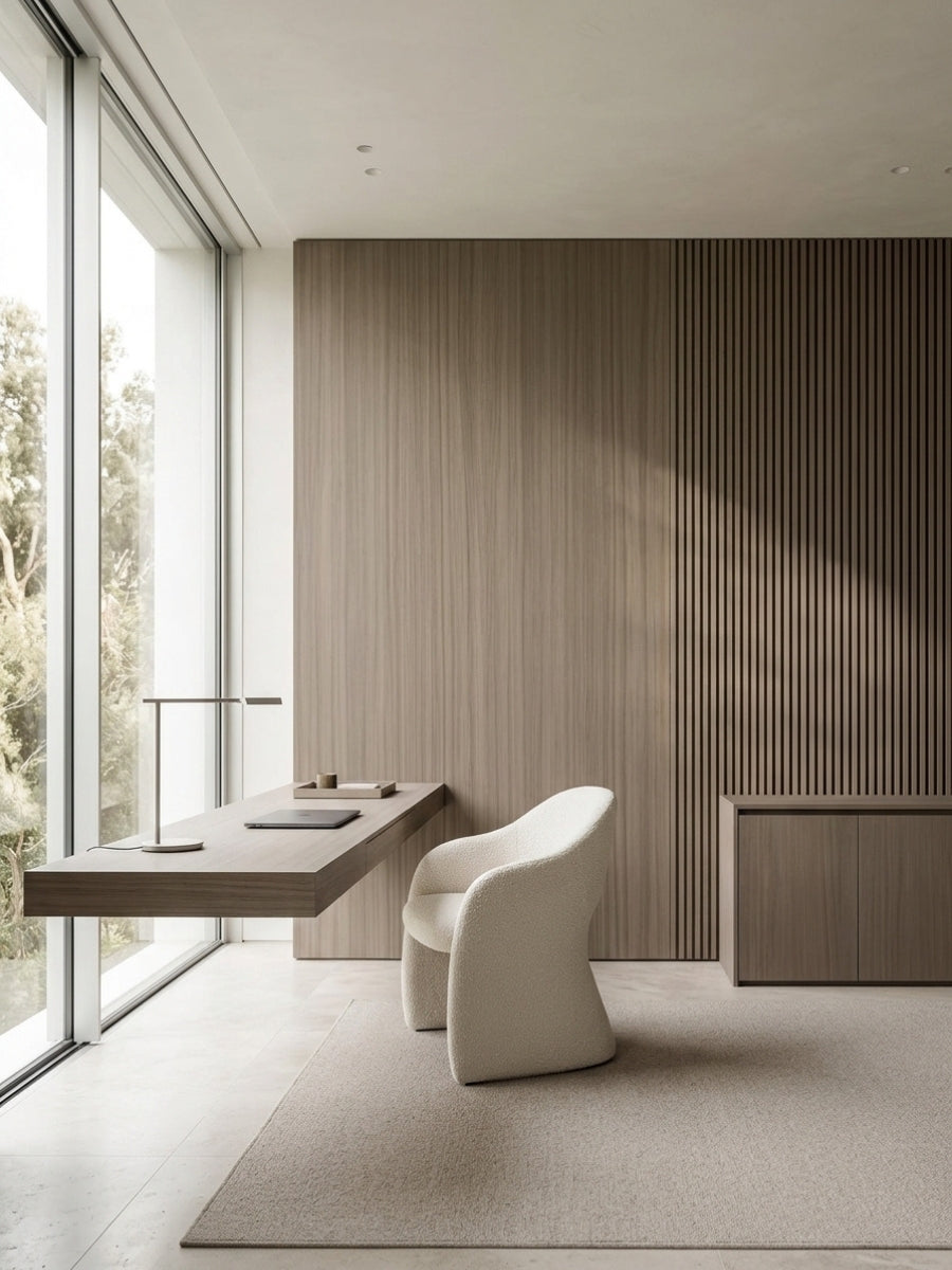 Natural ash wood veneer wall panels forming a vertically textured accent wall in a modern home office
