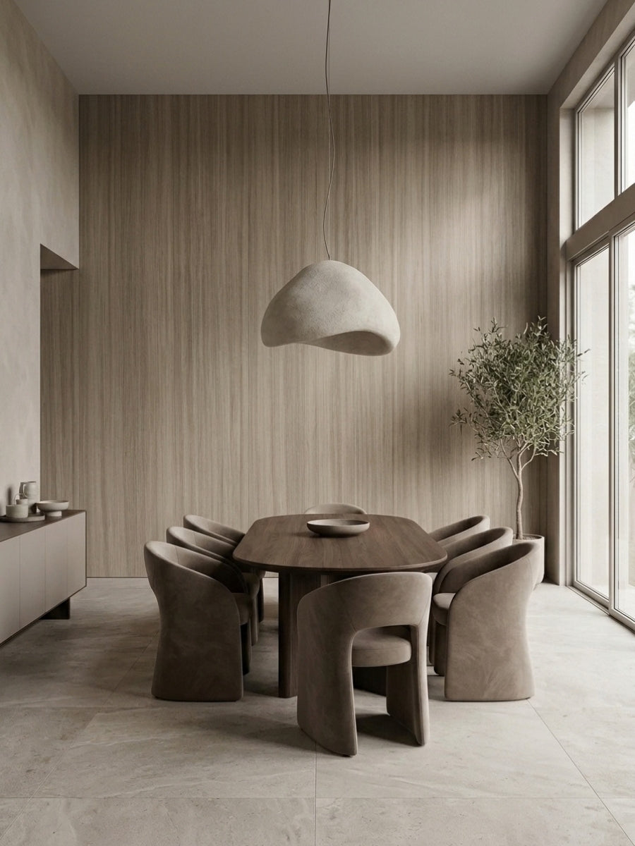 Ash wood veneer wall panels in a modern dining room with neutral furnishings