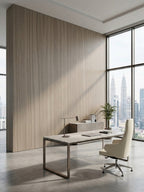 Ash wood veneer feature wall in a contemporary office with city views