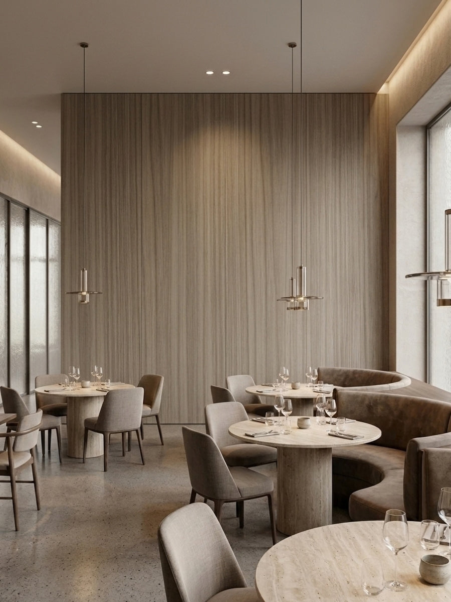 Vertical-grain ash wood veneer wall panels in an elegant restaurant interior