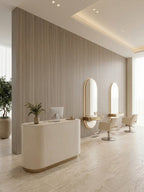 Ash wood veneer feature wall in a bright salon reception area
