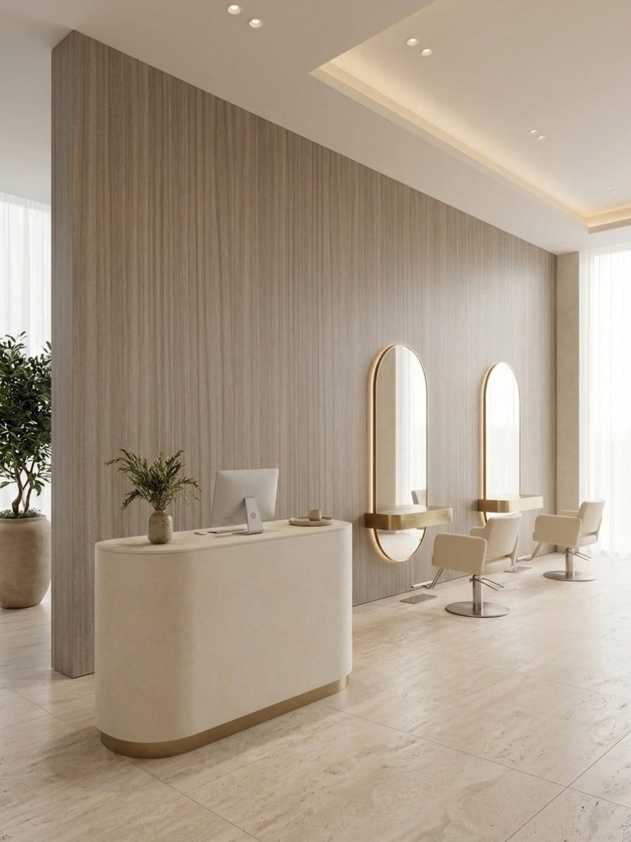 Ash wood veneer feature wall in a bright salon reception area