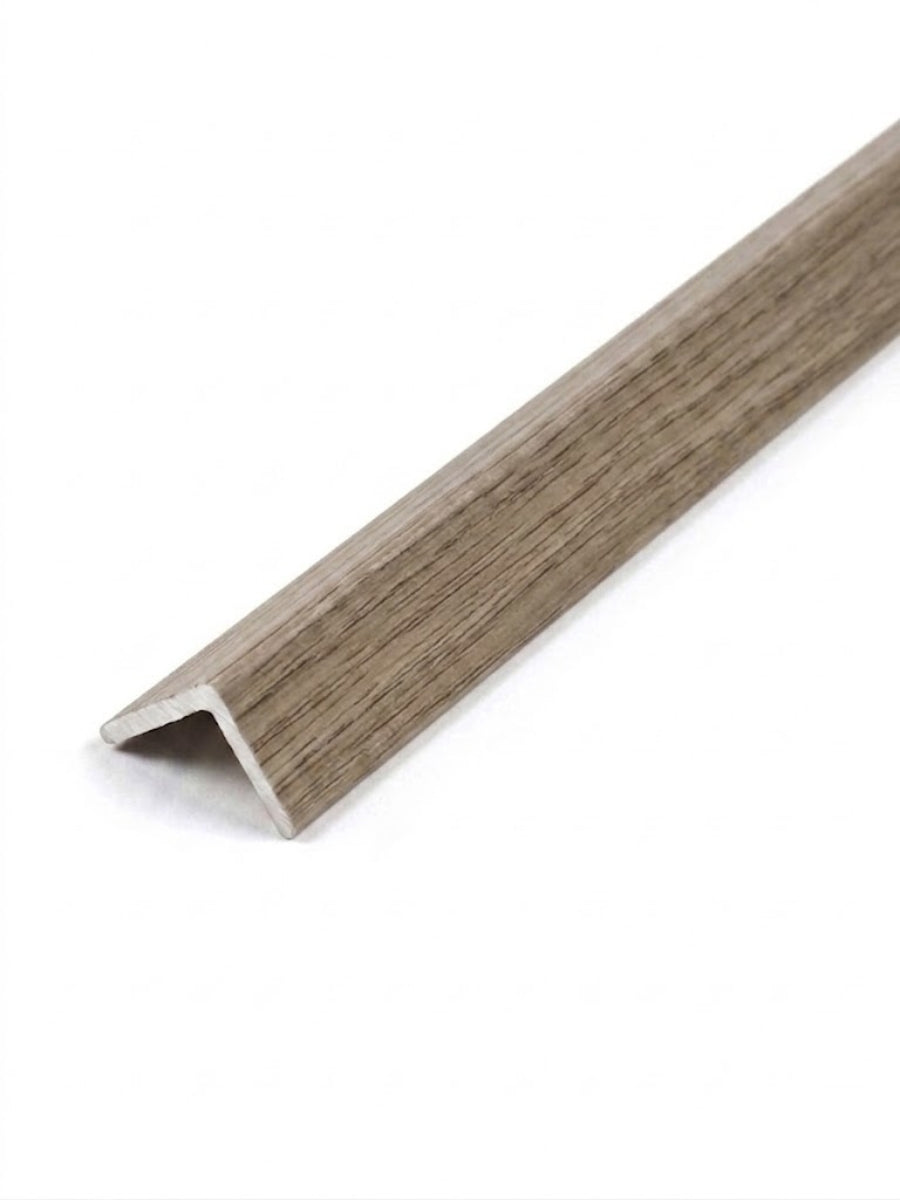Weathered gray-brown wood-look corner trim for acoustic and fluted wall panels