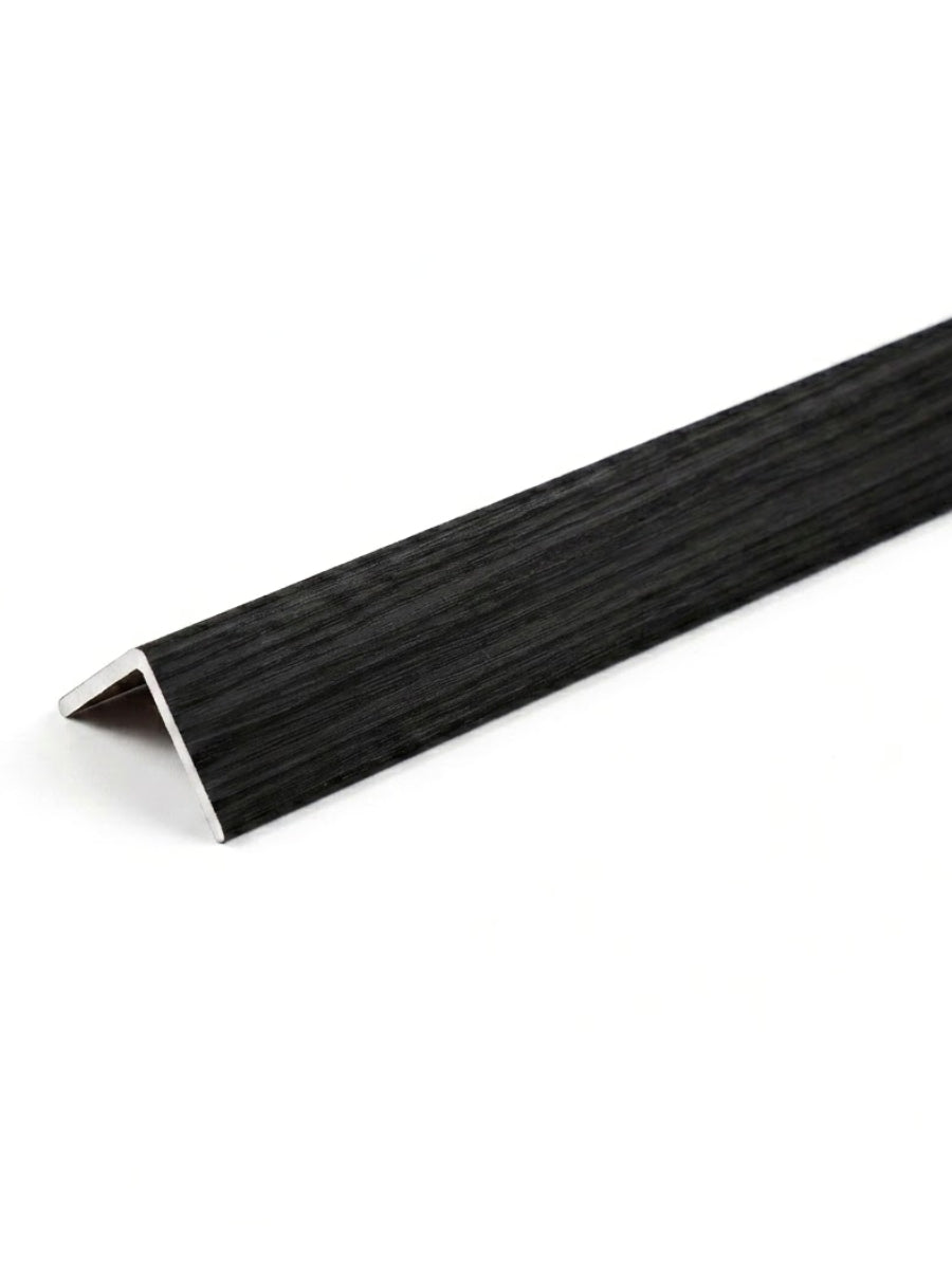 Black wood-look angled trim for acoustic and fluted wall panels