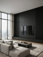 Blackwood veneer wall panels installed as a dark floor-to-ceiling TV feature wall in a modern living room