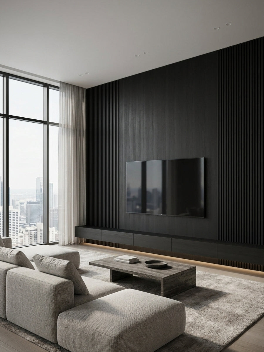 Blackwood veneer wall panels installed as a dark floor-to-ceiling TV feature wall in a modern living room