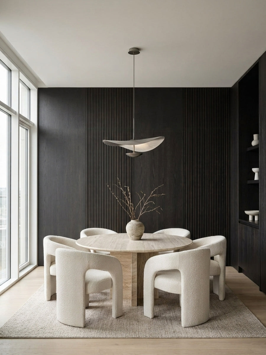 Blackwood veneer wall panels with smooth and fluted sections installed in a modern dining room