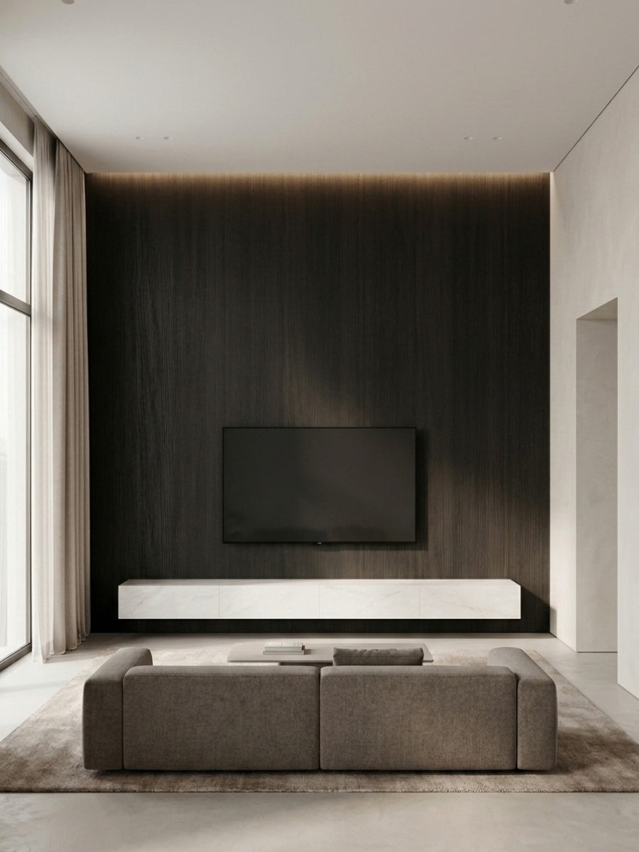 Dark Blackwood veneer wall panels creating a floor-to-ceiling TV feature wall in a modern living room