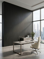 Dark Blackwood veneer wall panels in a modern high-rise office with floor-to-ceiling windows