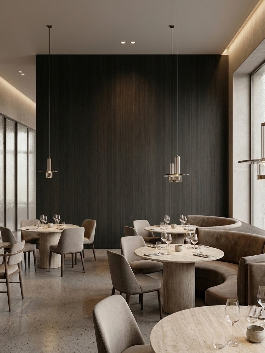 Blackwood veneer commercial wall panels used as a dark feature wall in a contemporary restaurant