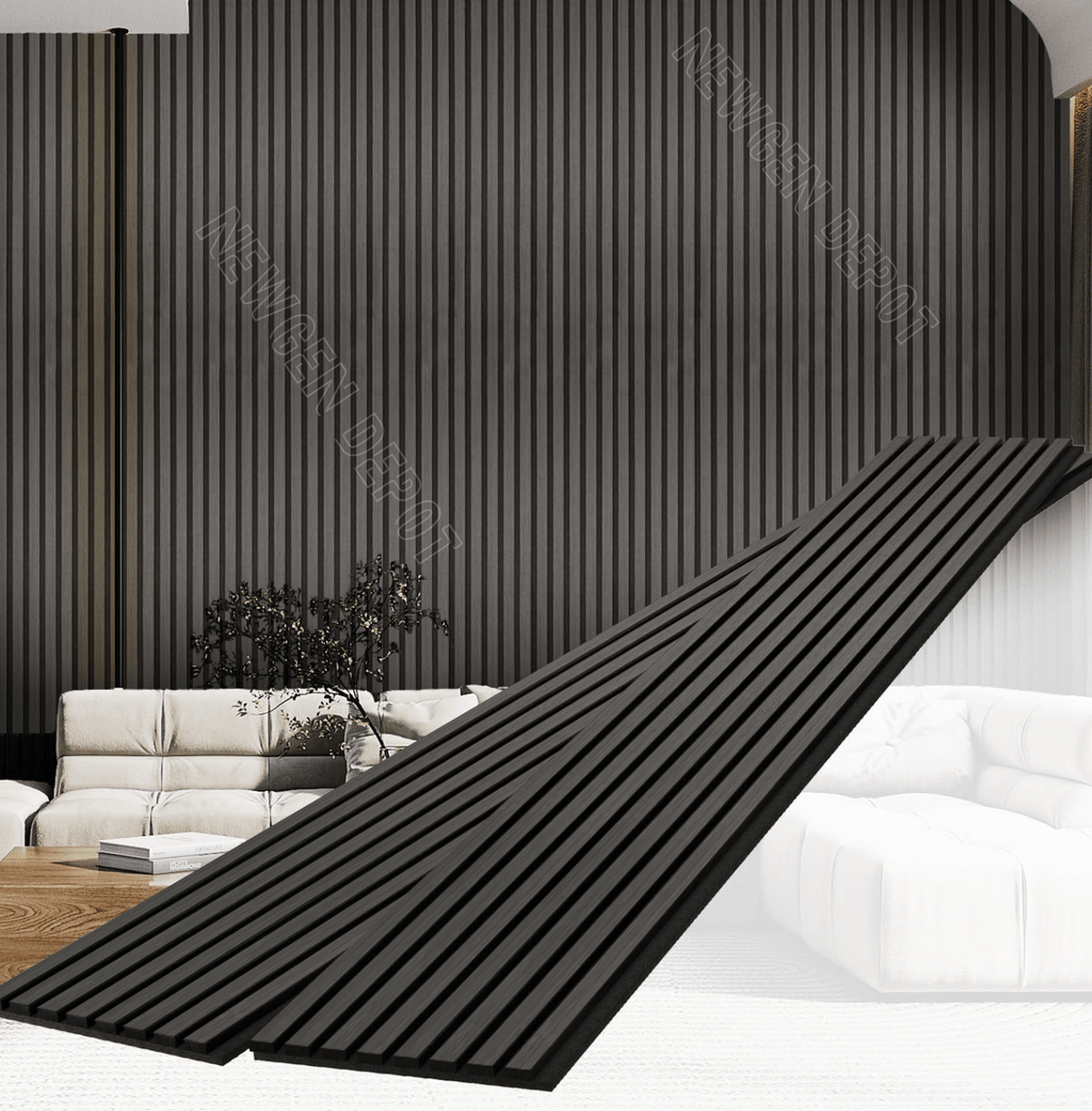 Black fluted wall panel installed as modern interior accent wall with vertical slat design