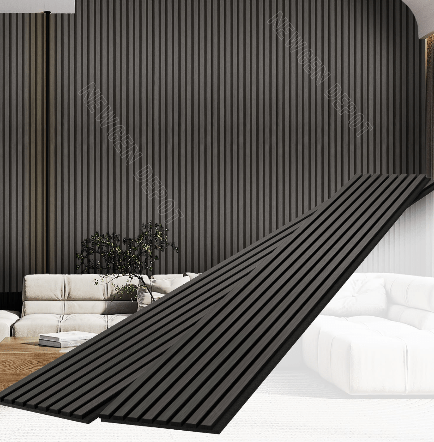 Black fluted wall panel installed as modern interior accent wall with vertical slat design