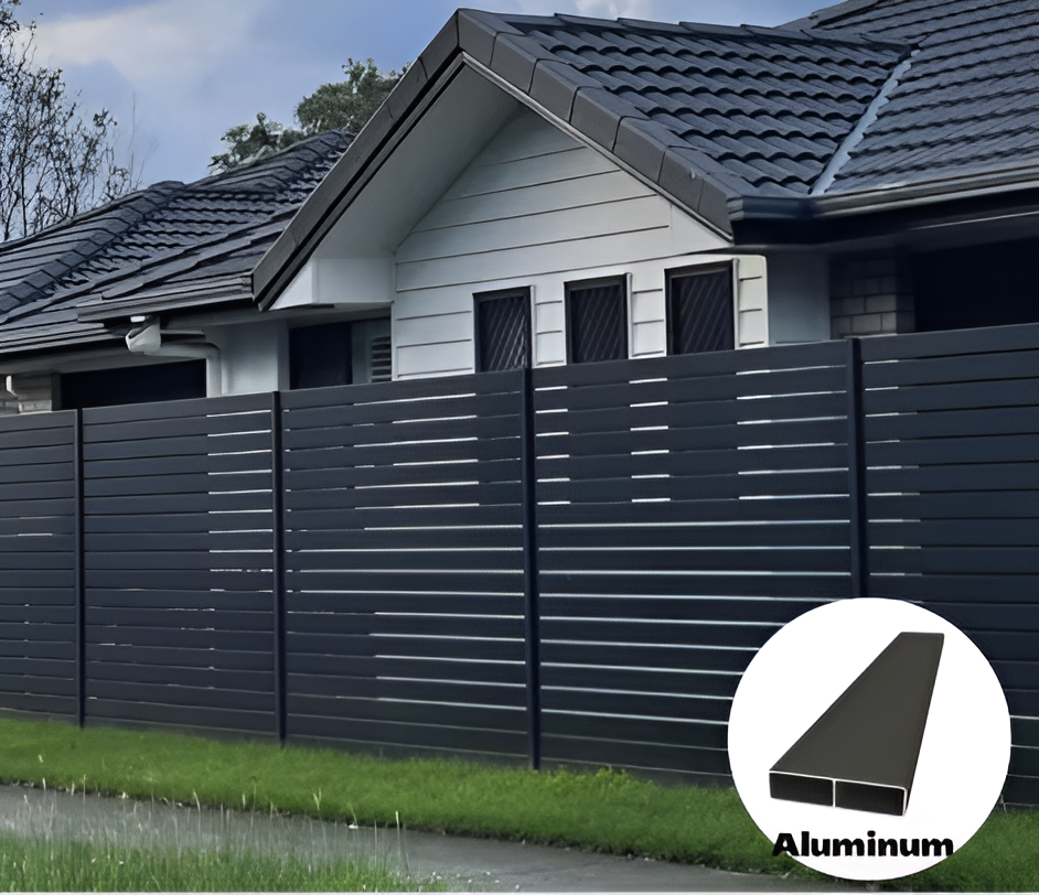 Dark gray aluminum horizontal slat privacy fence installed along residential property boundary