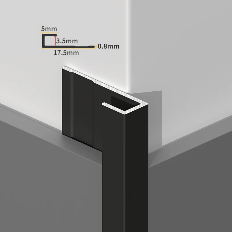 Black aluminum end cap trim on a white panel corner with 5, 3.5, 17.5 and 0.8mm profile dimensions