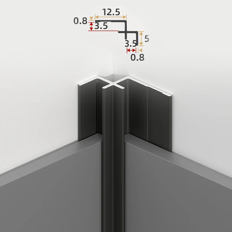 Black aluminum inside corner trim installed between PVC wall panels with profile dimensions shown