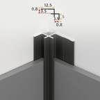 Black aluminum inside corner trim installed between PVC wall panels with profile dimensions shown