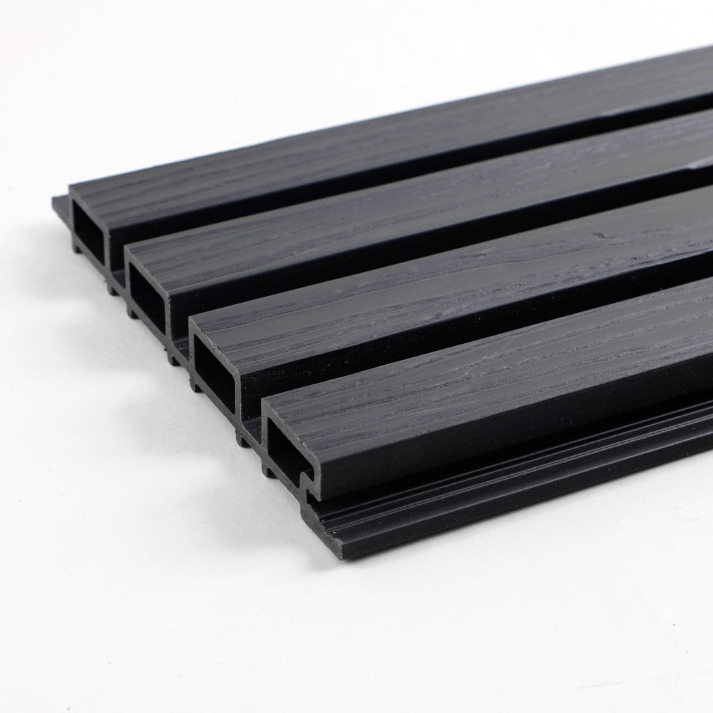 Dark gray composite wide exterior cladding panels with hollow core design