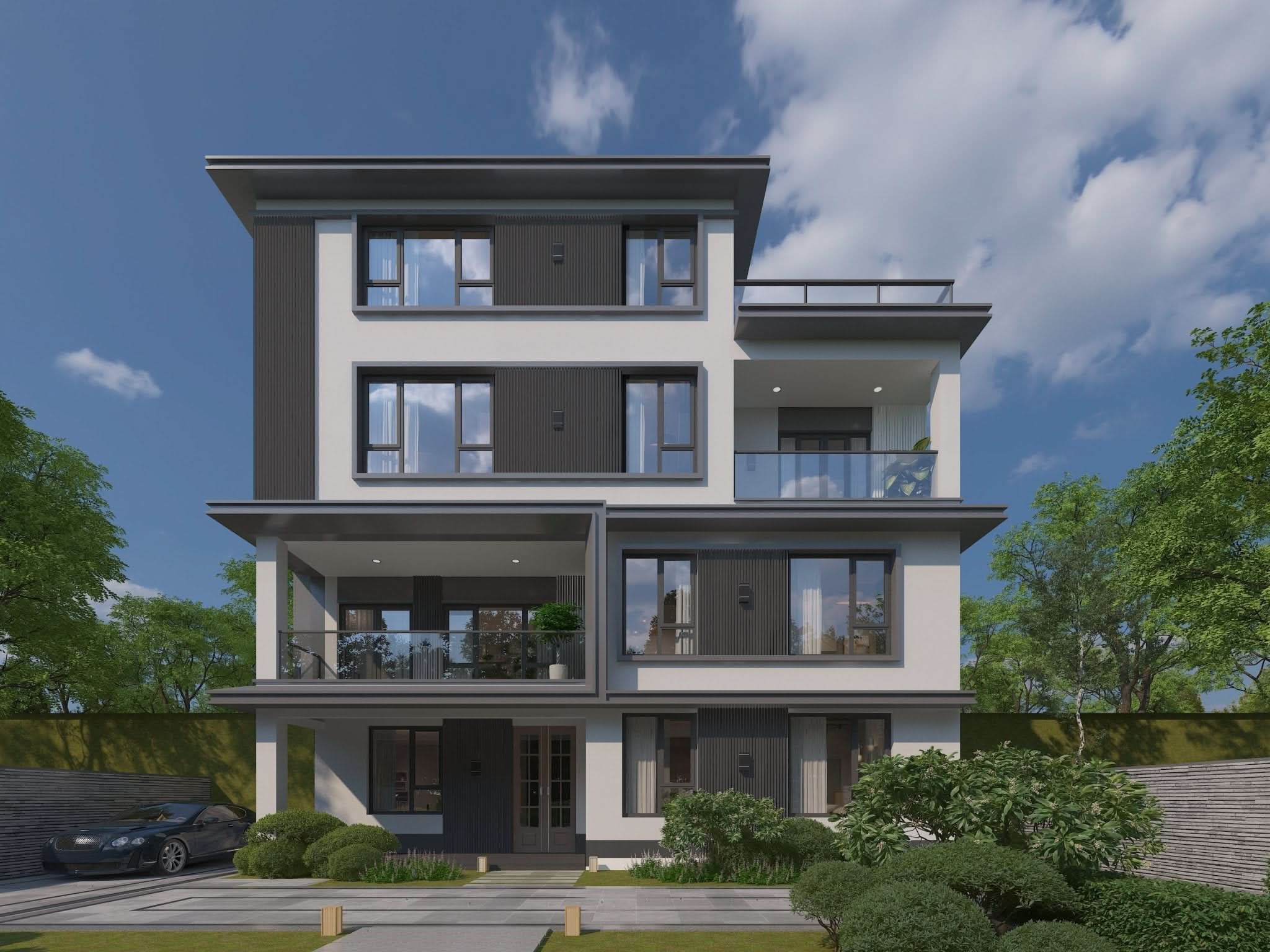 Modern three-story house exterior with dark gray composite wide cladding panels