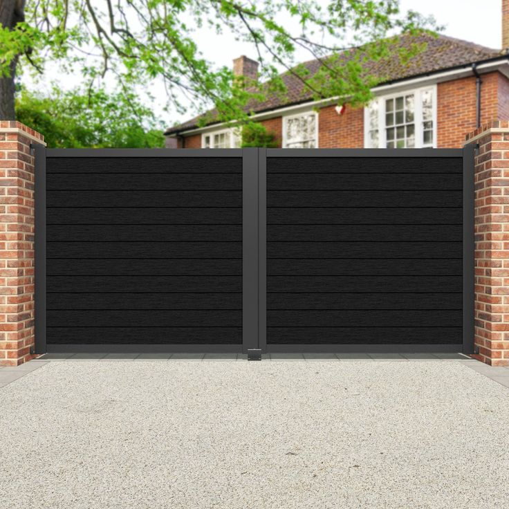 Black composite privacy gate with horizontal panels and aluminum frame