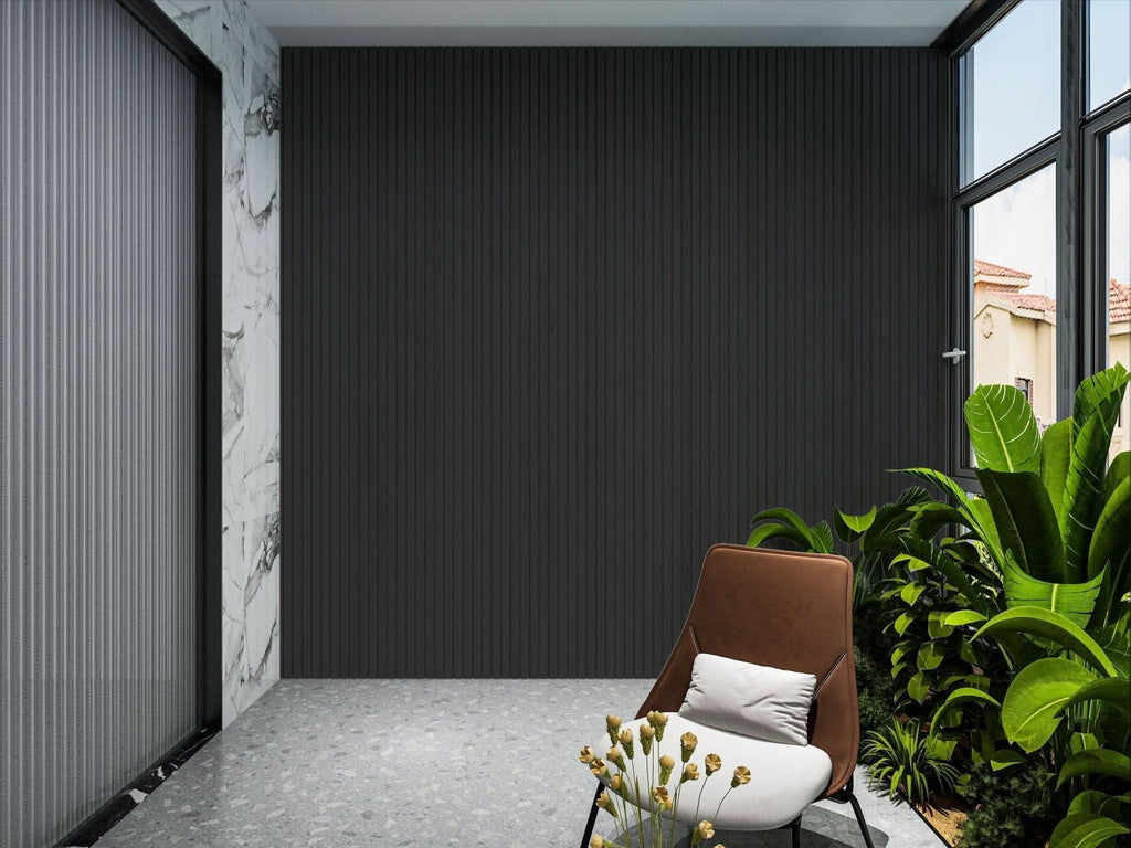 Interior feature wall with dark gray composite wide cladding panels