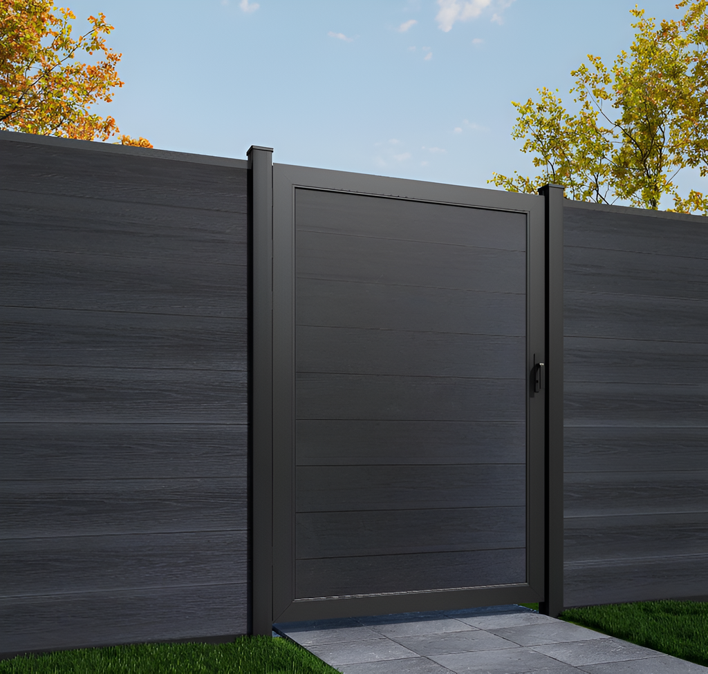 Dark gray composite single fence gate with aluminum frame and horizontal panels