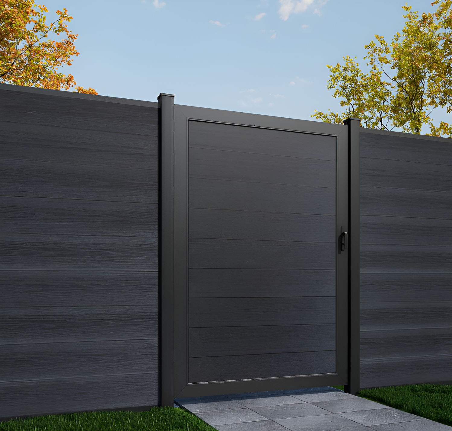 Dark gray composite single fence gate with aluminum frame and horizontal panels