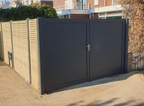 Black composite double gate with aluminum frame and horizontal panel design