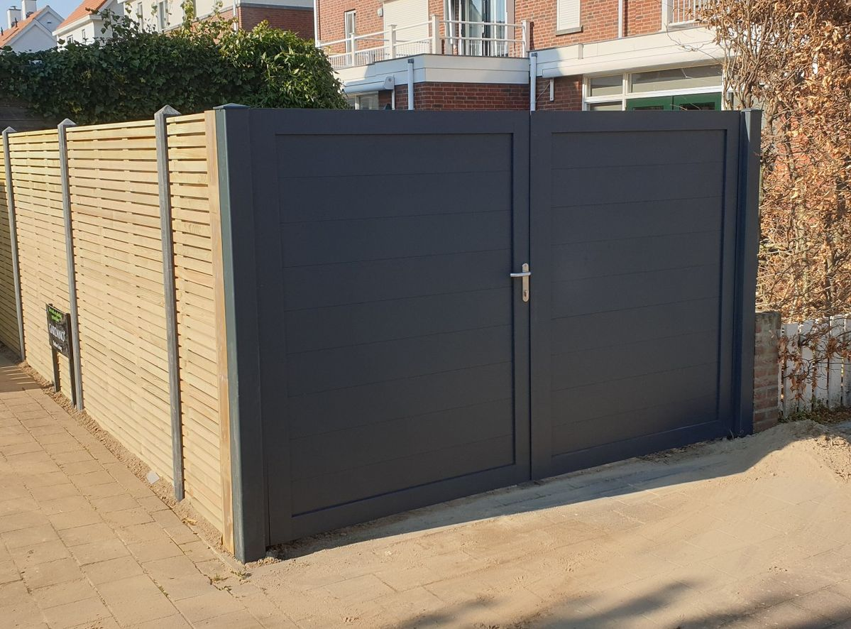 Black composite double gate with aluminum frame and horizontal panel design