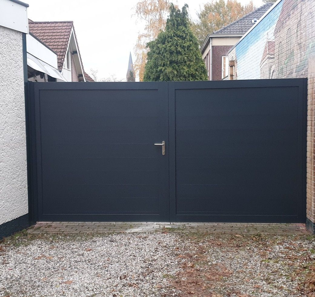 Black composite driveway gate with aluminum frame
