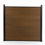 Brown composite fence with wood grain texture, supported by black metal posts, available for NJ wholesale & installation.