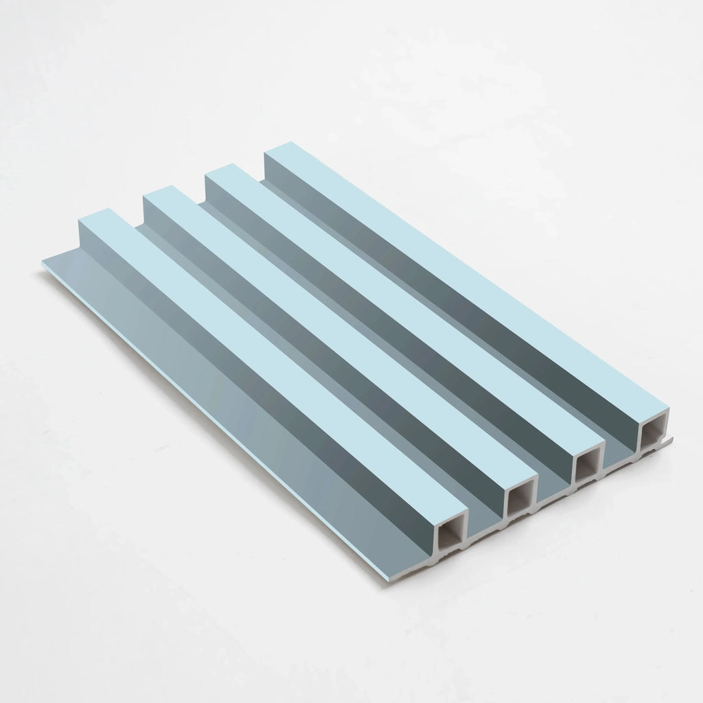 Blue Interior wall design using WPC fluted panel sample