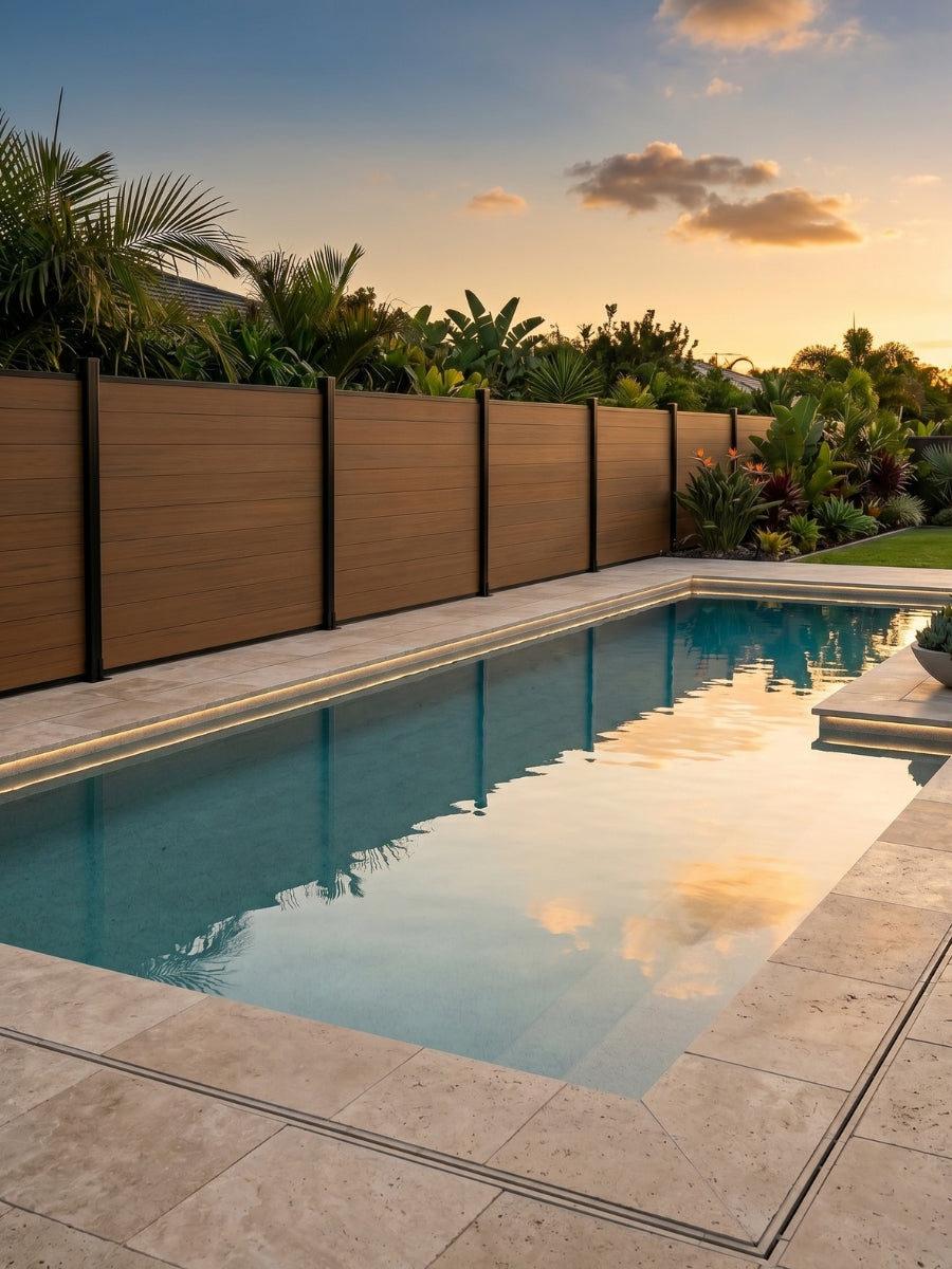Contemporary walnut composite privacy fence panel outdoor installation