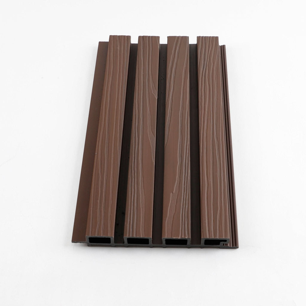 Brown WPC fluted wall panel with wood grain texture on white background