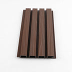 Brown WPC fluted wall panel with wood grain texture on white background