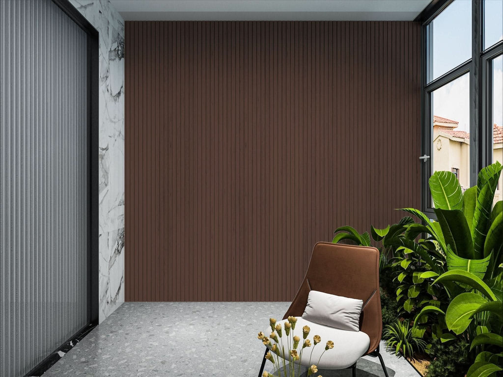 Interior wall with brown WPC fluted wall panels in modern room design