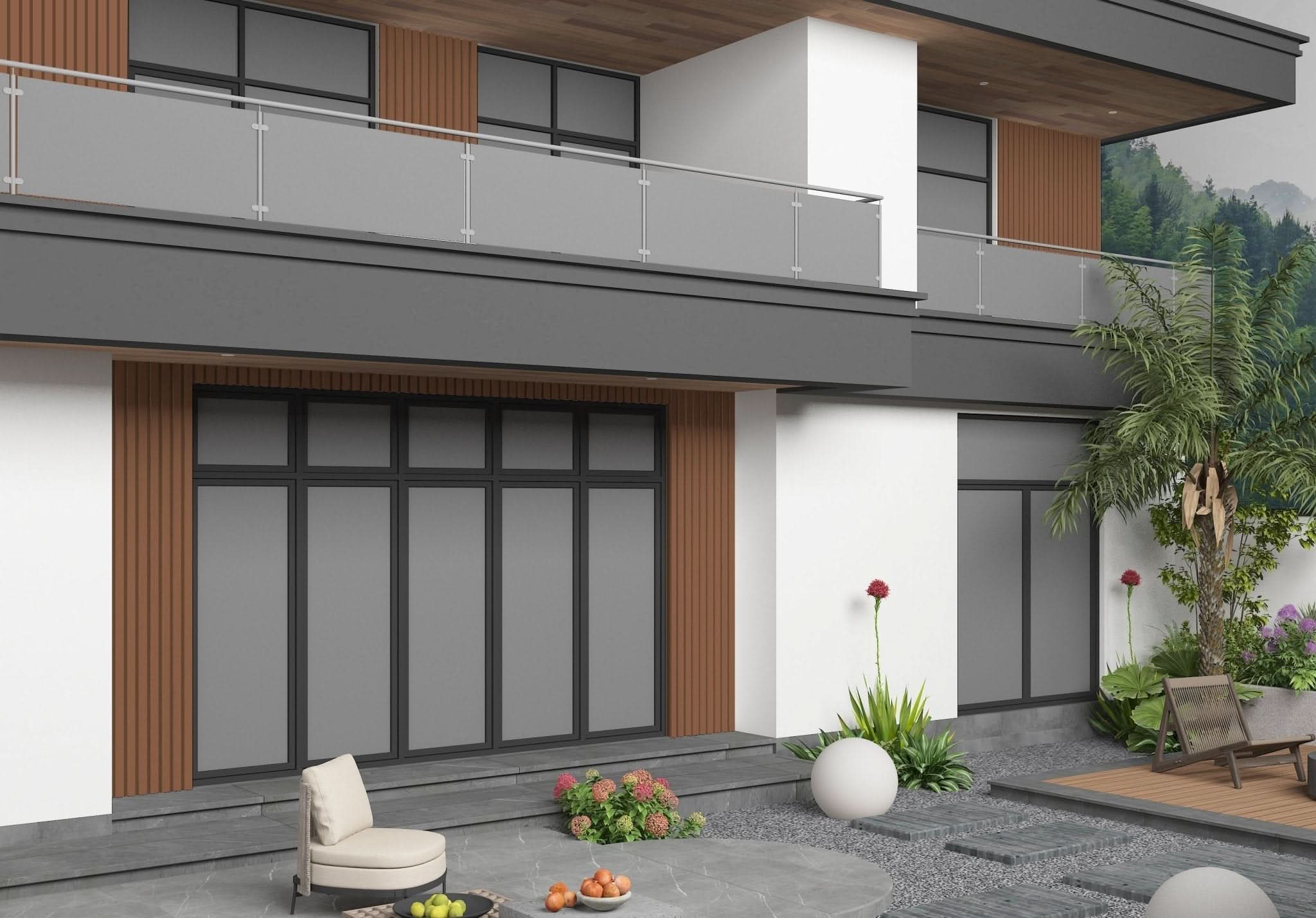 Modern home exterior with brown composite wide cladding panels and balcony