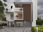 Modern home exterior featuring vertical WPC fluted wall panels and contemporary architectural design