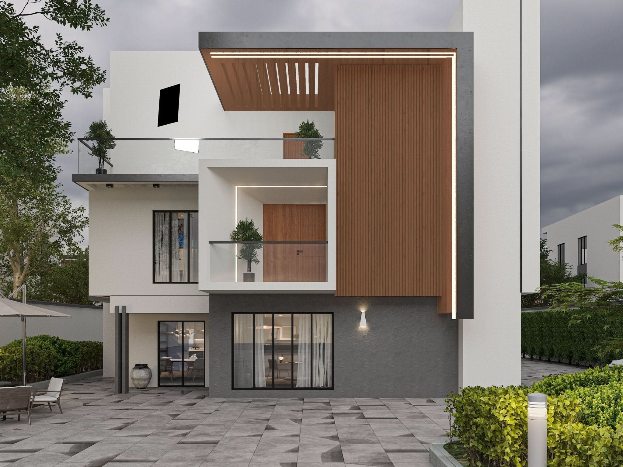 Modern home exterior with brown composite wide cladding accent wall