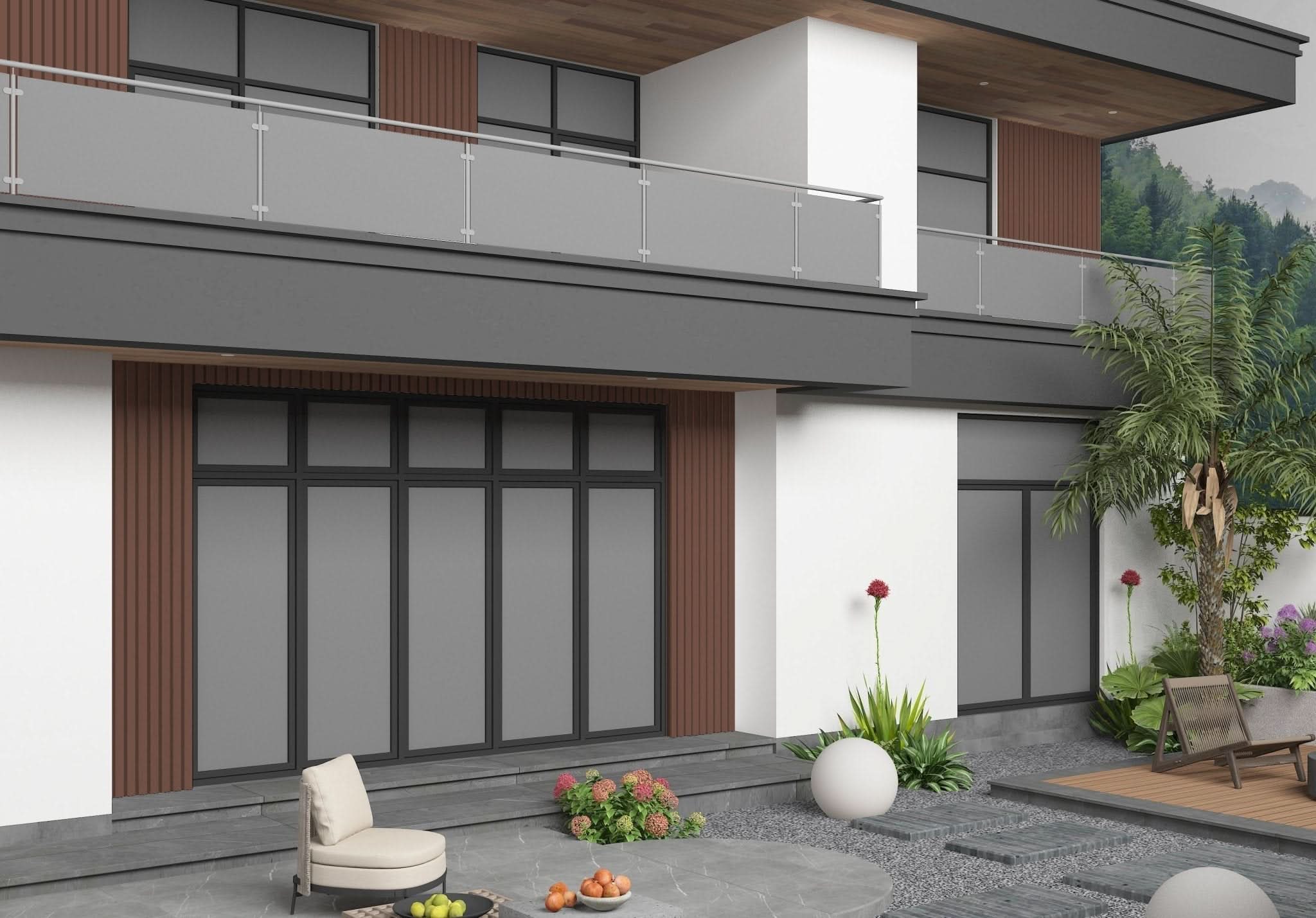 Modern home exterior with vertical brown WPC fluted wall panels and balcony design