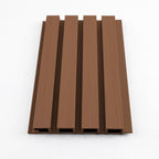 Brown composite wide exterior cladding panel with wood grain texture on white background