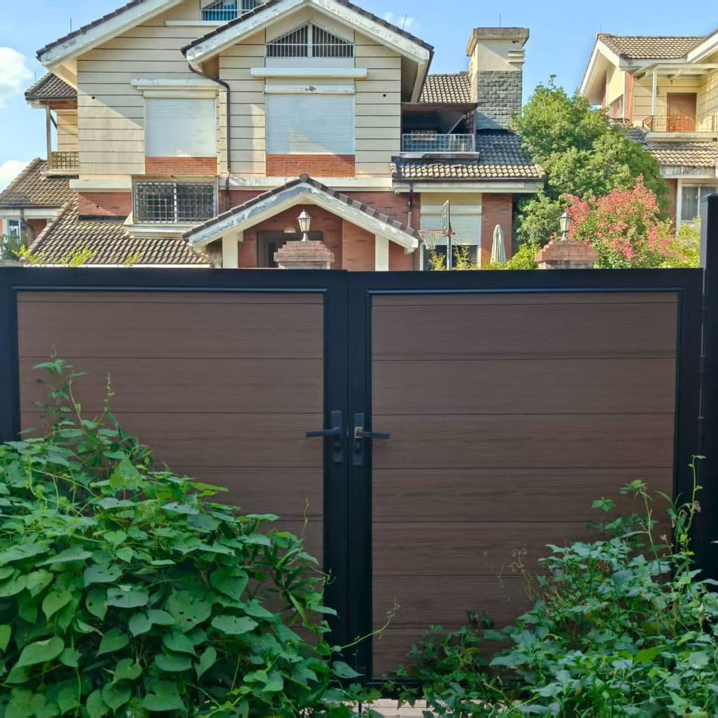 Brown composite double driveway gate with aluminum frame