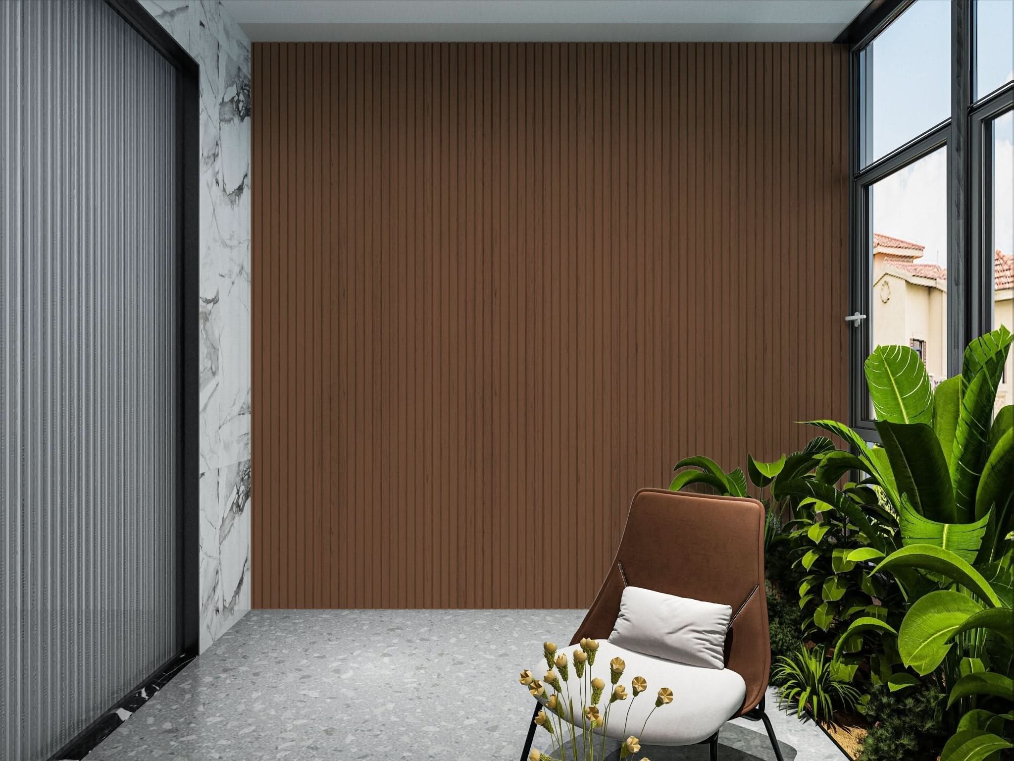 Interior feature wall with brown composite wide cladding panels