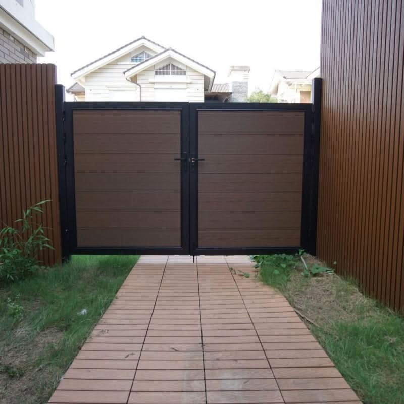Brown composite double gate with aluminum frame and horizontal panels