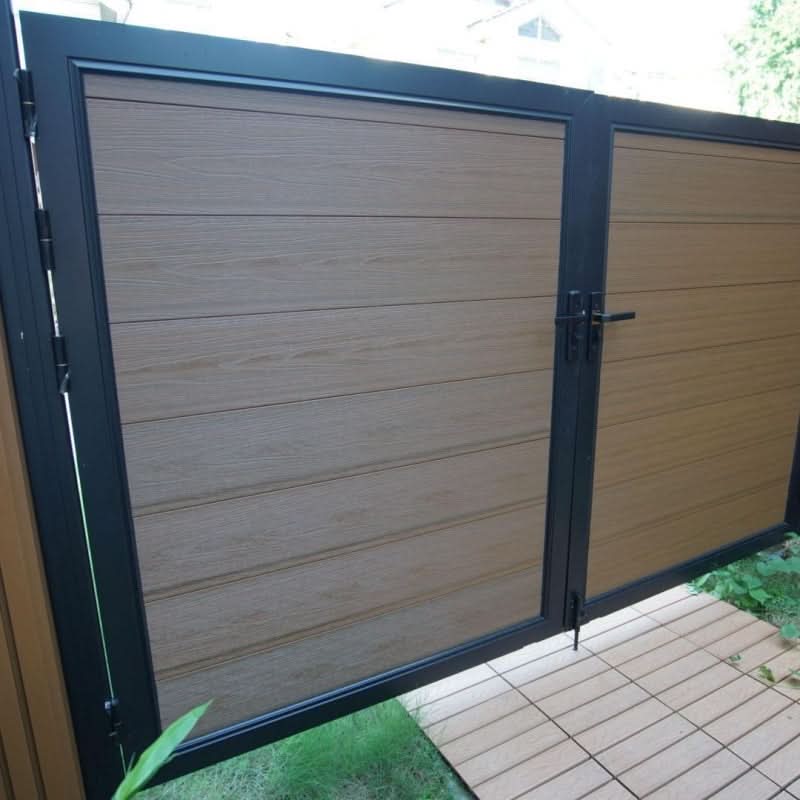 Wood-look composite double gate with aluminum frame and horizontal slat panels