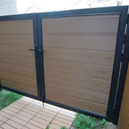 Wood-look composite double driveway gate with aluminum frame