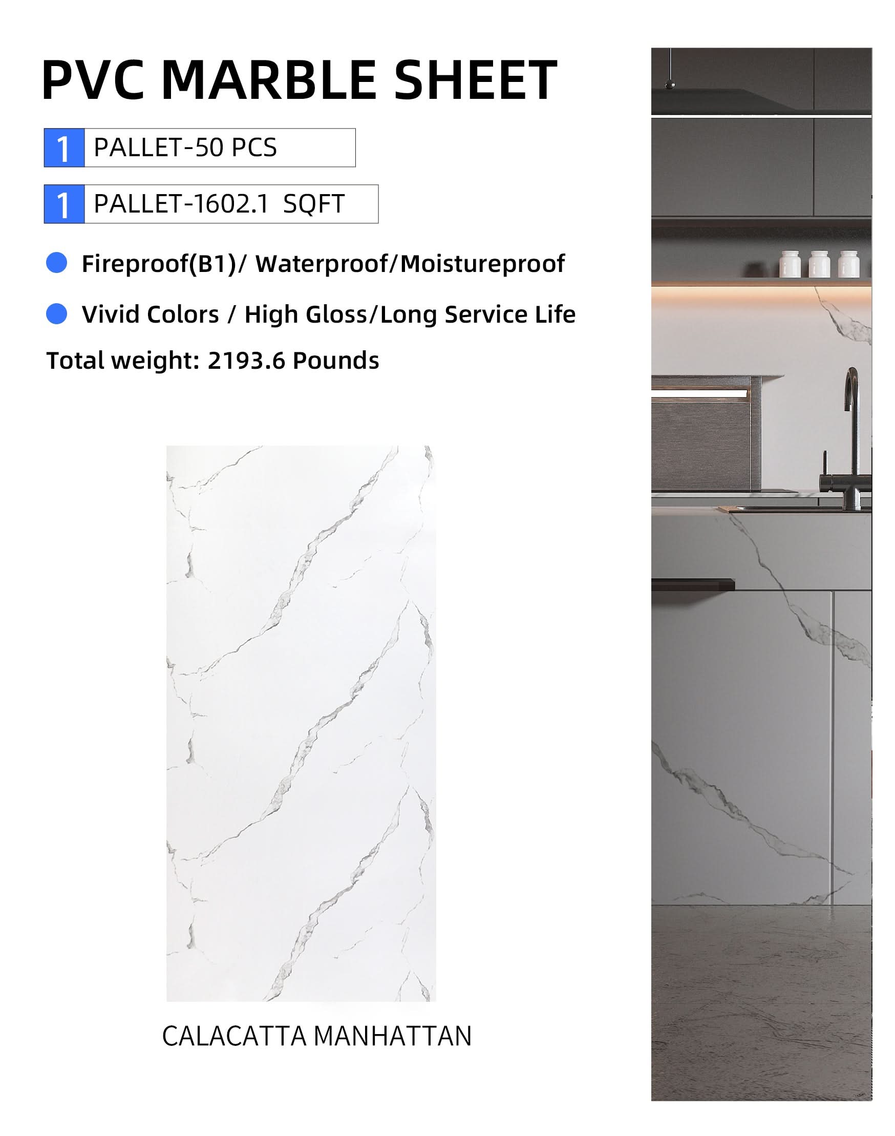 Calacatta Manhattan PVC marble sheet with white base and soft gray veining, waterproof wall panel