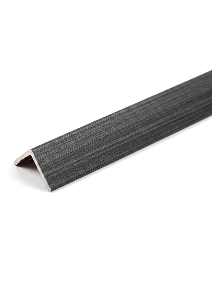 Charcoal gray woven-look corner trim for acoustic and fluted wall panels